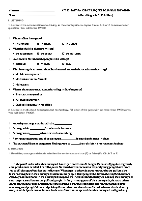 Đề kiểm tra chất lượng đầu năm môn Tiếng Anh Lớp 8 (Thí điểm) - Năm học 2019-2020 (Có đáp án)